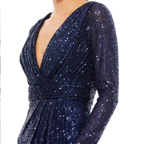 MAC DUGGAL LONG SLEEVE SEQUIN FAUX WRAP THIGH SLIT MIDNIGHT NAVY GOWN sz 12 - Picture 4 of 6